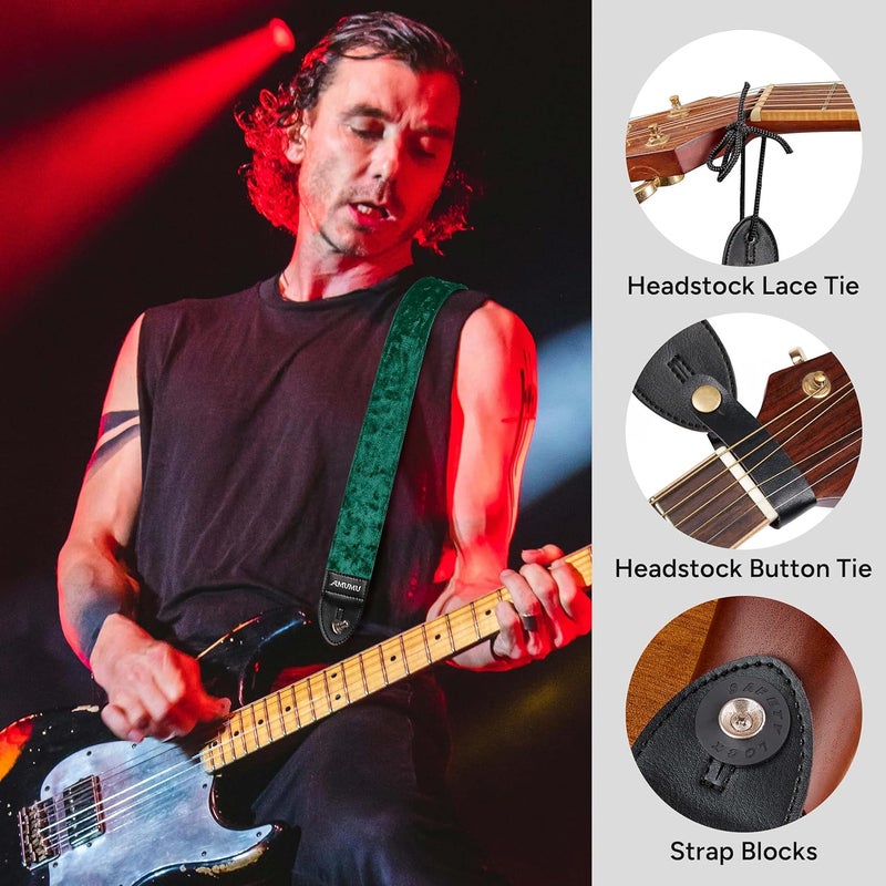 Amumu Flocked Velvet Guitar Strap with Microfiber Leather Ends - Guitar Accessories - Fits Acoustic, Bass and Electric Guitar - Green - Image 4